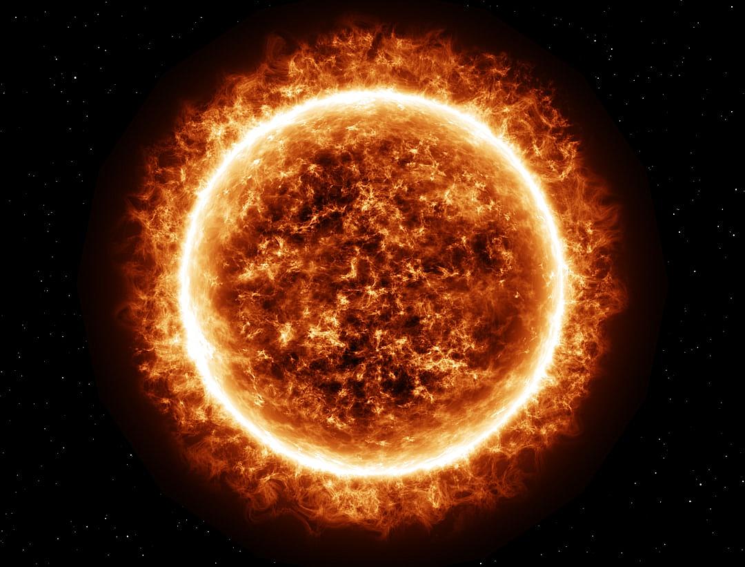 A massive sun, radiating intense heat and light, with its surface covered in flames.