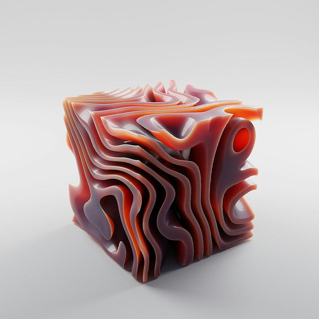 A photorealistic image of an abstract, multilayered sculpture made from fluid resin with undulating waves and flowing lines in shades of reds and oranges on white background. The cube has multiple layers that create depth and movement, giving it the appearance of being carved into different levels. It is a threedimensional object with soft edges and smooth curves, giving off gentle reflections as light shines through its surface.