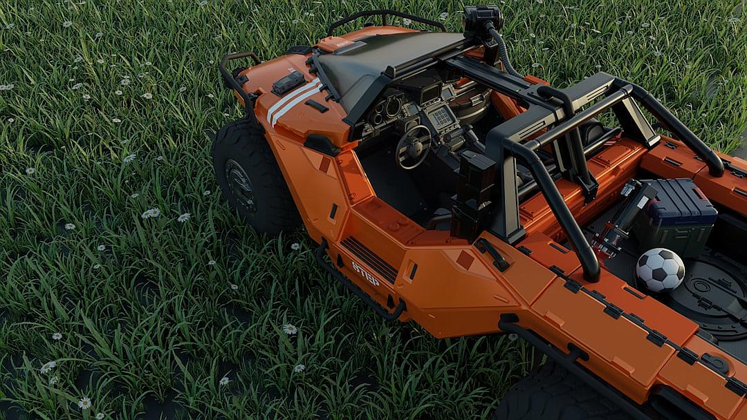 A top-down view of an orange LEGO set, depicting the interior and exterior of a futuristic off-road vehicle with four seats and two joysticks on its dashboard. The car is parked in lush green grass, surrounded by wildflowers. In one seat sits a soccer ball. It is a detailed rendering with realistic textures and lighting effects in the style of a digital artist.