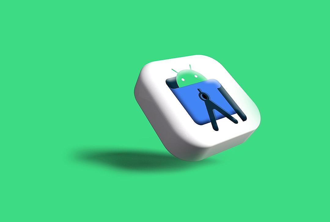 3D app icon of an android in blue and green, pliers on the right side of it floating above a white cube with rounded corners against a flat green background, in the style of apple design, cute