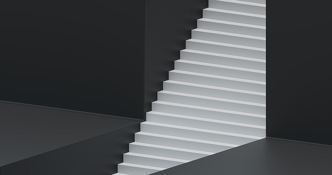 3D white minimalistic staircase, minimalistic, simple, straight line style, dark background, in the style of photorealism, hyperrealistic