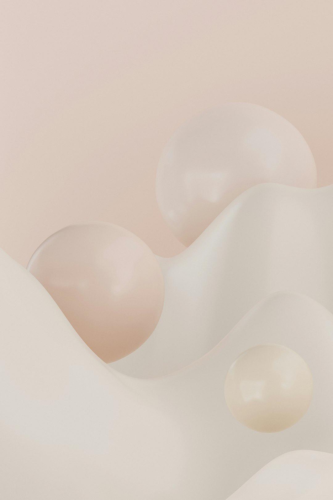 A closeup of soft, abstract shapes in light pink and white against an off-white background. The composition includes three large spheres, each with smooth curves that create gentle gradients or geometric patterns. There is one small sphere at the bottom right corner adding to the visual balance. This design emphasizes simplicity and elegance through the use of color and shape in the style of minimalism.