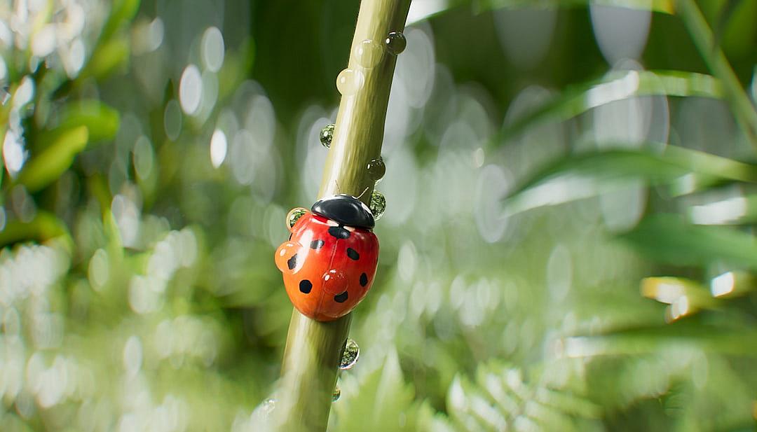 A ladybug hanging on the stem of a bamboo plant, macro photography, bokeh background, water drops, close up shot, focused on the lady bug, in the style of nature.