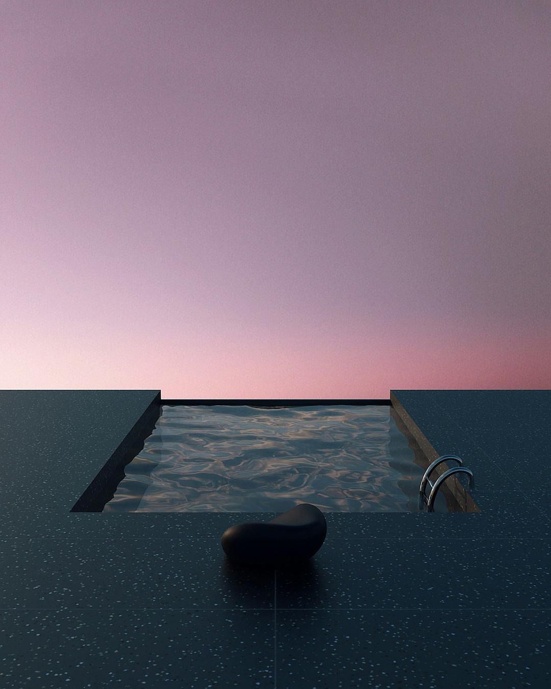 minimalistic black swimming pool on the horizon, dusk sky, in the style of [Eiko Ojala](https://goo.gl/search?artist%20Eiko%20Ojala) and Noguchi