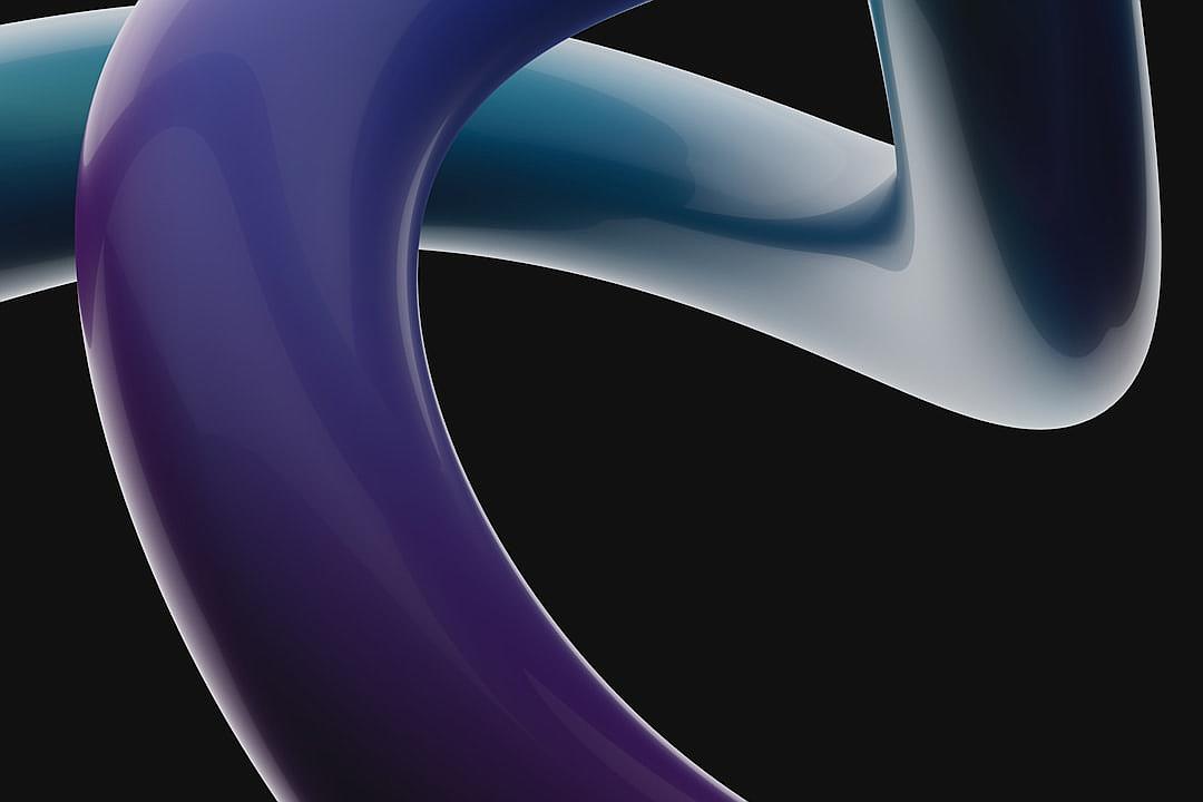 A closeup of the three-dimensional shape in dark blue and purple, featuring smooth curves with an abstract design that resembles two intertwined tubes on a black background. The composition focuses solely on these forms, creating a sense of depth within their soft gradient colors. This visual representation captures the elegance of the curve’s form through its clean lines and minimalistic style. It embodies simplicity while conveying movement and fluidity within the space created by the curved shapes.