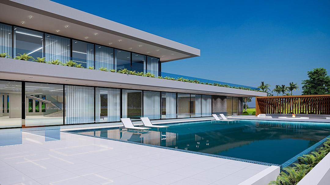 modern villa with pool, blue sky, photorealistic rendering, architecture, high resolution, daylight, large windows, sleek design, clean lines, minimalist style, highend materials and finish details, white marble floor tiles, modern garden terrace overlooking the sea, sun loungers in the style of swimming pool