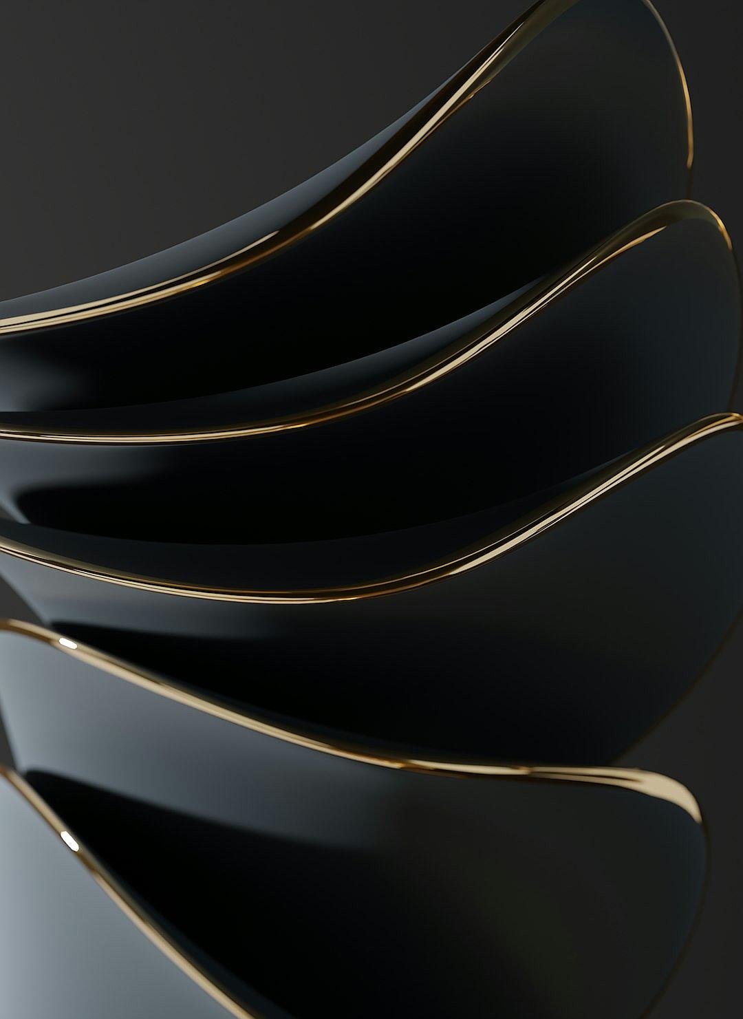 A closeup of the edge, the bowl is made from black ceramic with gold trim and wavy lines on its edges, against a dark background. The focus should be sharp to capture every detail in high resolution. This composition highlights the elegant curves and modern design elements that make it stand out as an iconic piece. It is perfect for product photography where every aspect needs to convey luxury and sophistication in the style of a modern designer.