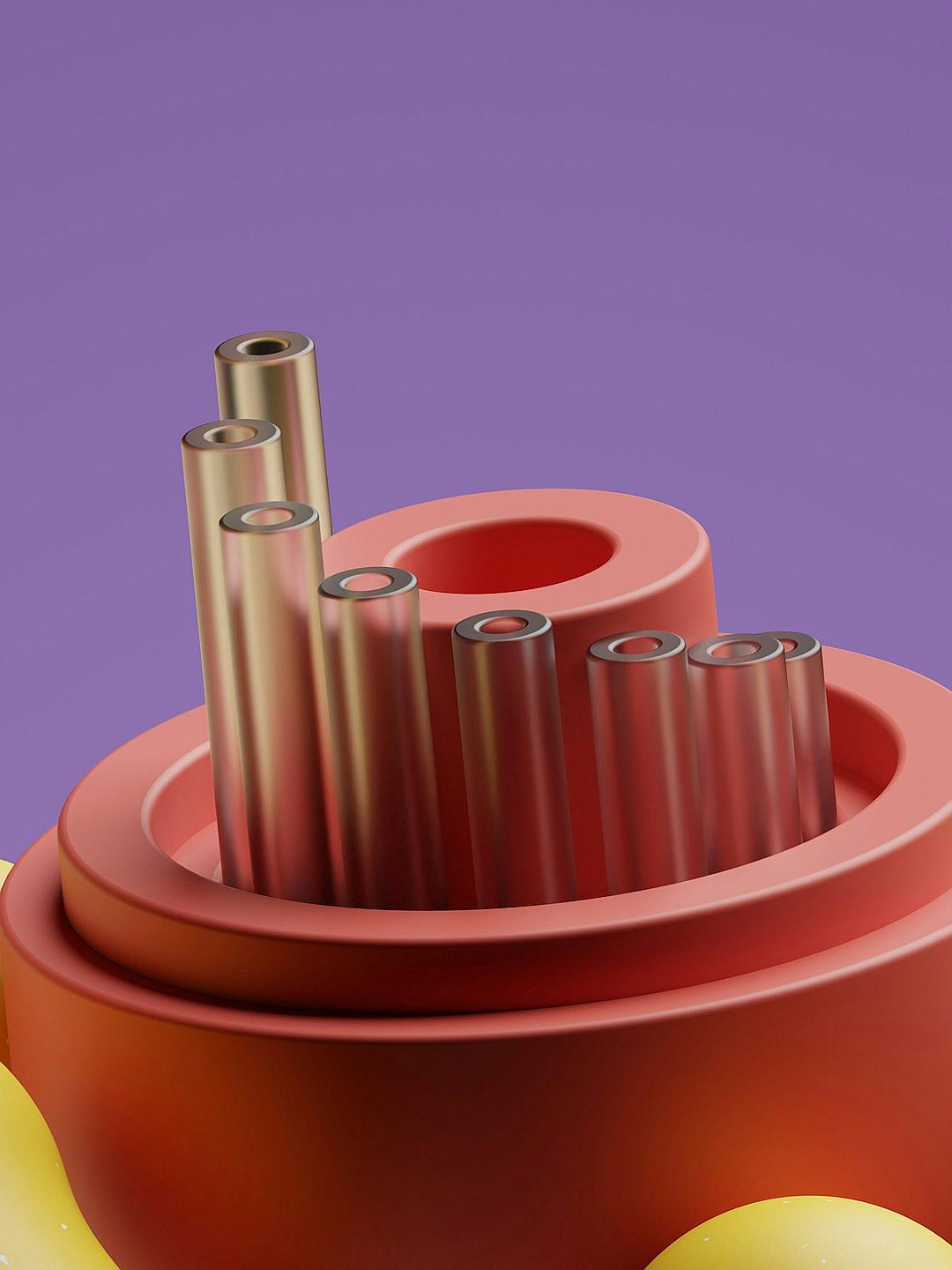 3D rendering in C4d in the style of a cartoon with several long metallic tubes stacked on top of each other in the center of an empty circular base against a purple background. The color scheme uses light red and gold colors with bright hues. The plastic texture and material give a sense of technology. The rendering was done in Cryengine at a high resolution and with high details at 8k.