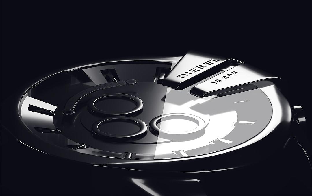 A black and white shot of the logo “Dtransfer” on top of an ultra modern watch, designed by yves saint laurent with stainless steel reflective surface and polished chrome finish, perfect light reflection, cinematic lighting, high resolution, hyper realistic, very detailed, octane render,