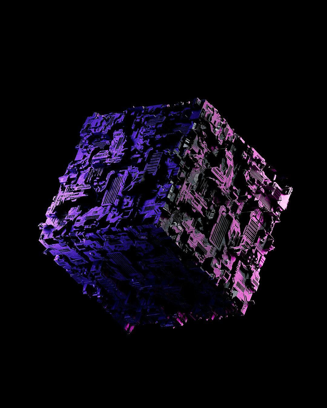 A cube made of black metal with purple and blue details, on a dark background, in the cyberpunk style, rendered in octane, with high resolution and high detail, of hyper quality.