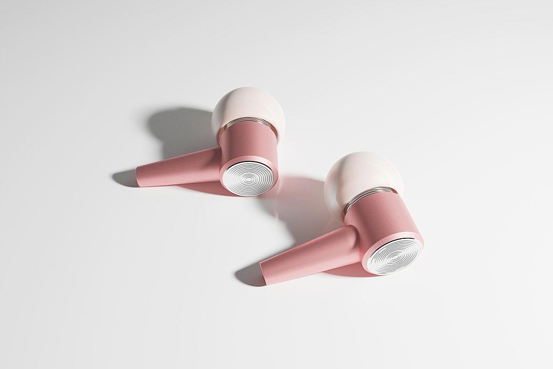 Product photography, two pink earphones with white foam elements on the front of them, placed in an aerial view on a clean background, with soft lighting and shadows. The composition is symmetrical, highlighting details and textures. Use professional cameras to capture high-definition images. This product design features modern aesthetics and streamlined shapes, emphasizing minimalist style. It creates a sense of luxury through light tones and clear lines. High resolution.