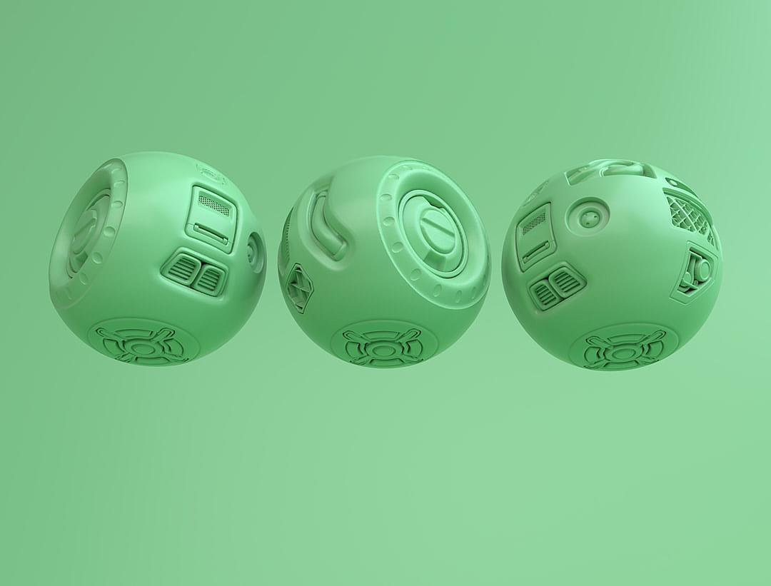 3D rendering of three simple balls with robotic elements on them, solid green background, in the style of blender.