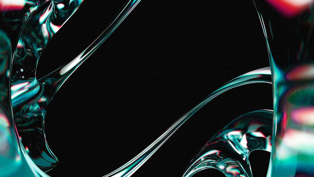 An abstract glass background with black, neon colors, and fluid shapes. The foreground features a closeup of curved transparent objects that create an otherworldly effect. This composition is reminiscent of the style found in futuristic digital art. It includes elements like liquidlike forms, high contrast lighting, and reflections on polished surfaces. There’s a sense of movement or motion as if being pulled into another dimension in the style of these semitransparent designs.