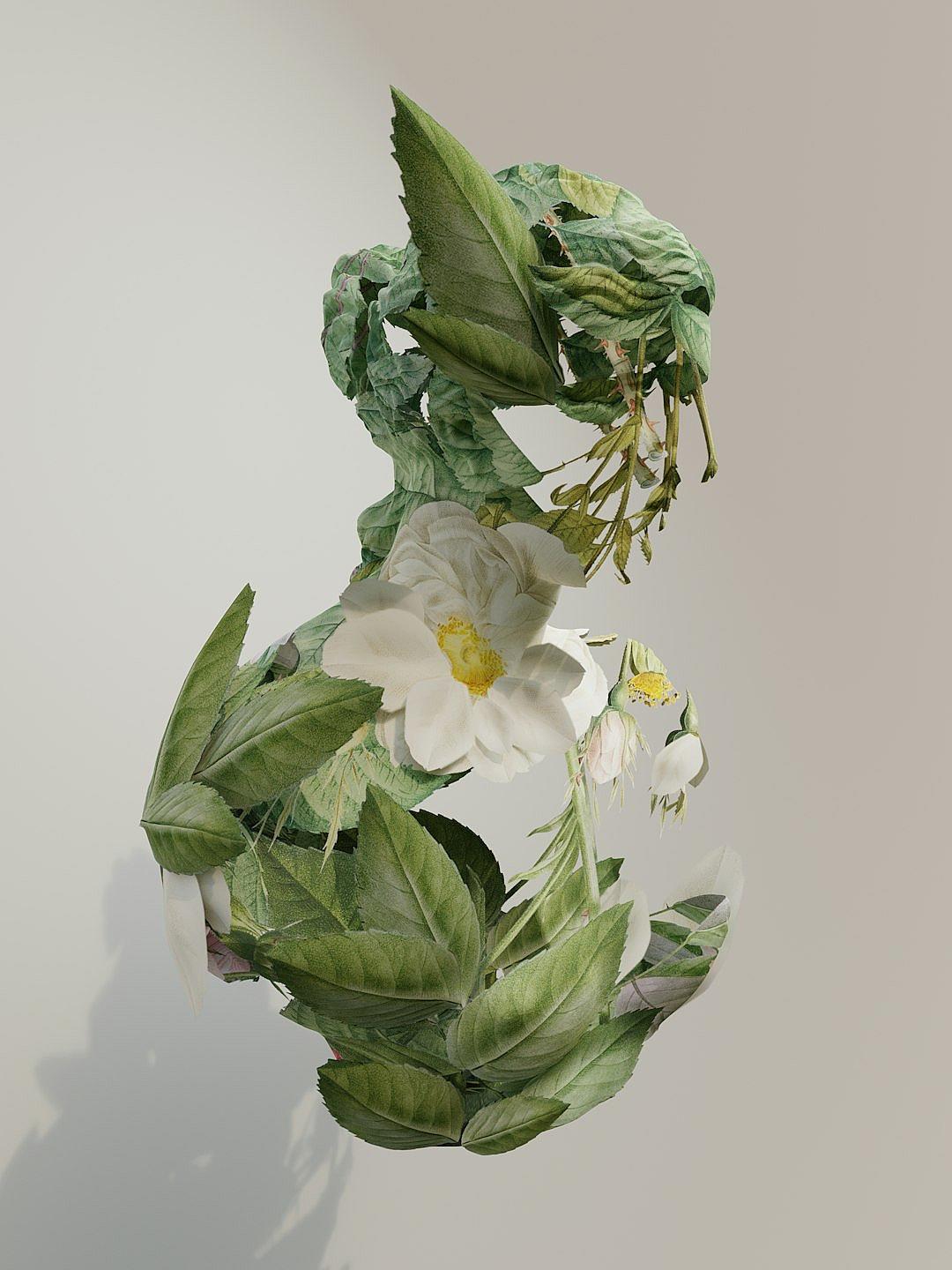 A white gardenia flower is wrapped around the body of an abstract dragon, with green leaves on its head and tail. It hangs in midair against a clean background. The sculpture style has ultrahigh definition details and a surrealistic, realistic style. Aerial perspective, natural light, highlighting three-dimensional effects, and a half-length photo. High resolution, suitable for display as artwork or wallpaper, in the style of realistic photography.