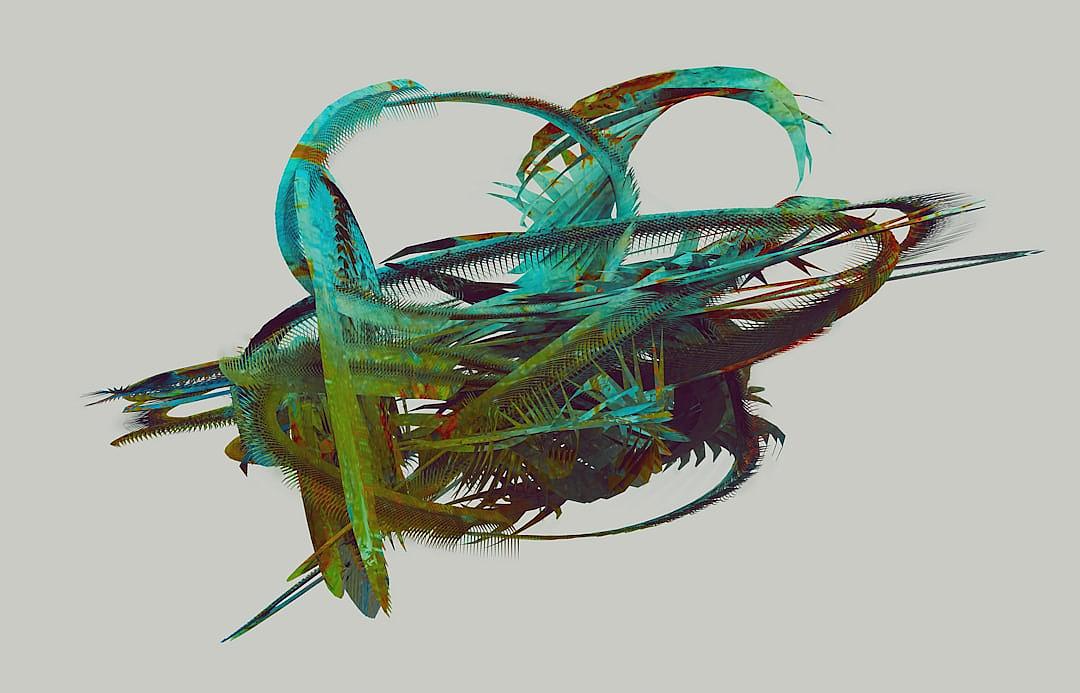 Abstract digital art of an exotic bird with feathers in shades of teal and green, swirling around it like ribbons on the wind against a neutral background. The composition captures its elegant form, creating visual harmony through harmonious color grading. It’s a digital masterpiece that embodies minimalism while showcasing vibrant colors.