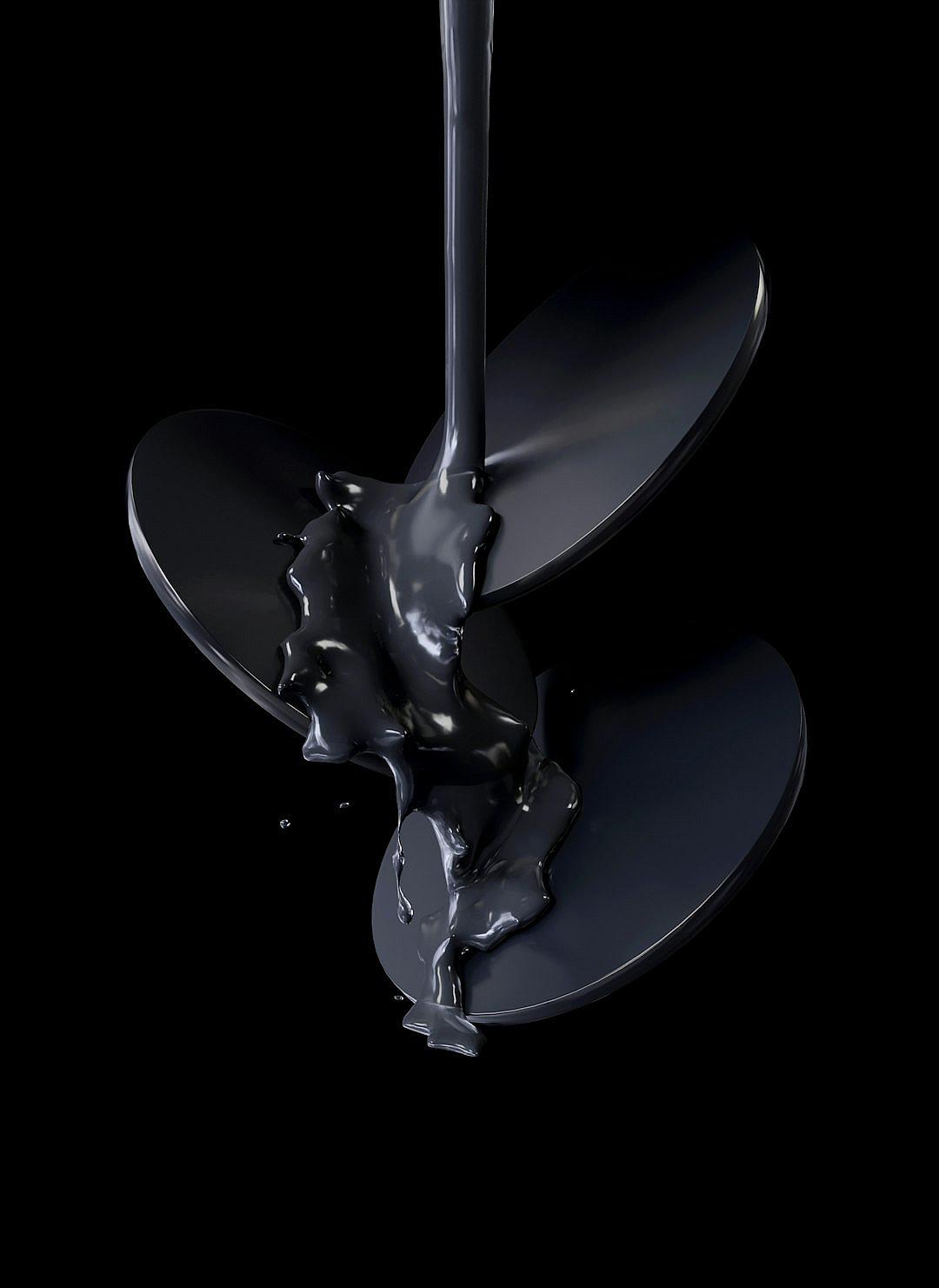 Black oil pouring on the front of an industrial style ship’s propeller against a solid black background, in the style of hyper realistic photography.