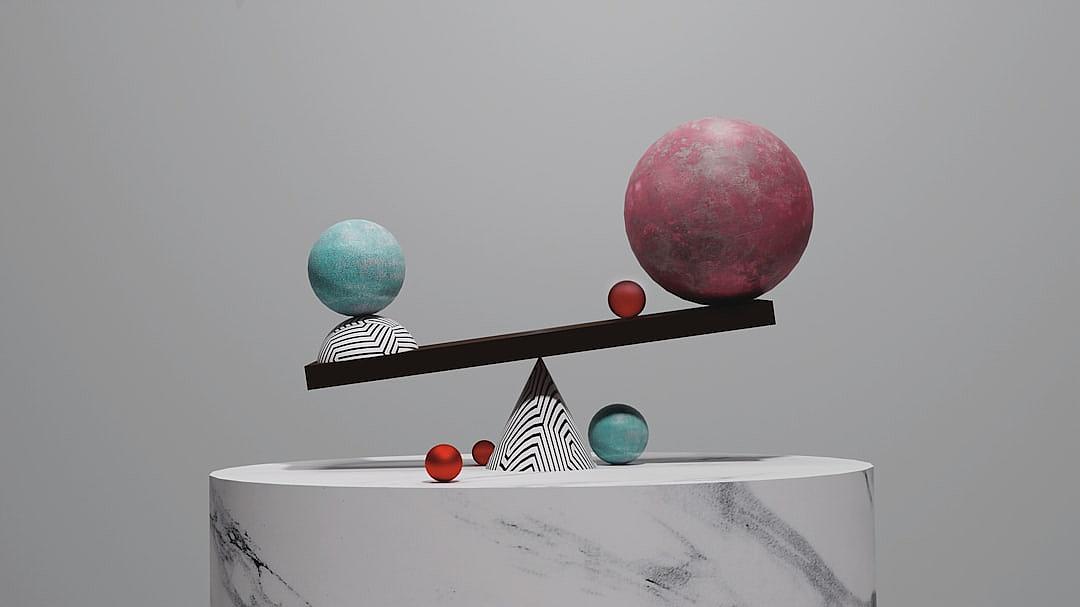 A balance scale with one red ball and three blue balls on the left side, one black zebra patterned triangle sphere at its center, and two pink spheres in front of it placed on top of an empty white marble pedestal. The background is gray, creating contrast between light grey and dark colors. There’s no text or other elements present, emphasizing clean lines and geometric shapes. This minimalistic composition creates visual harmony through simplicity.