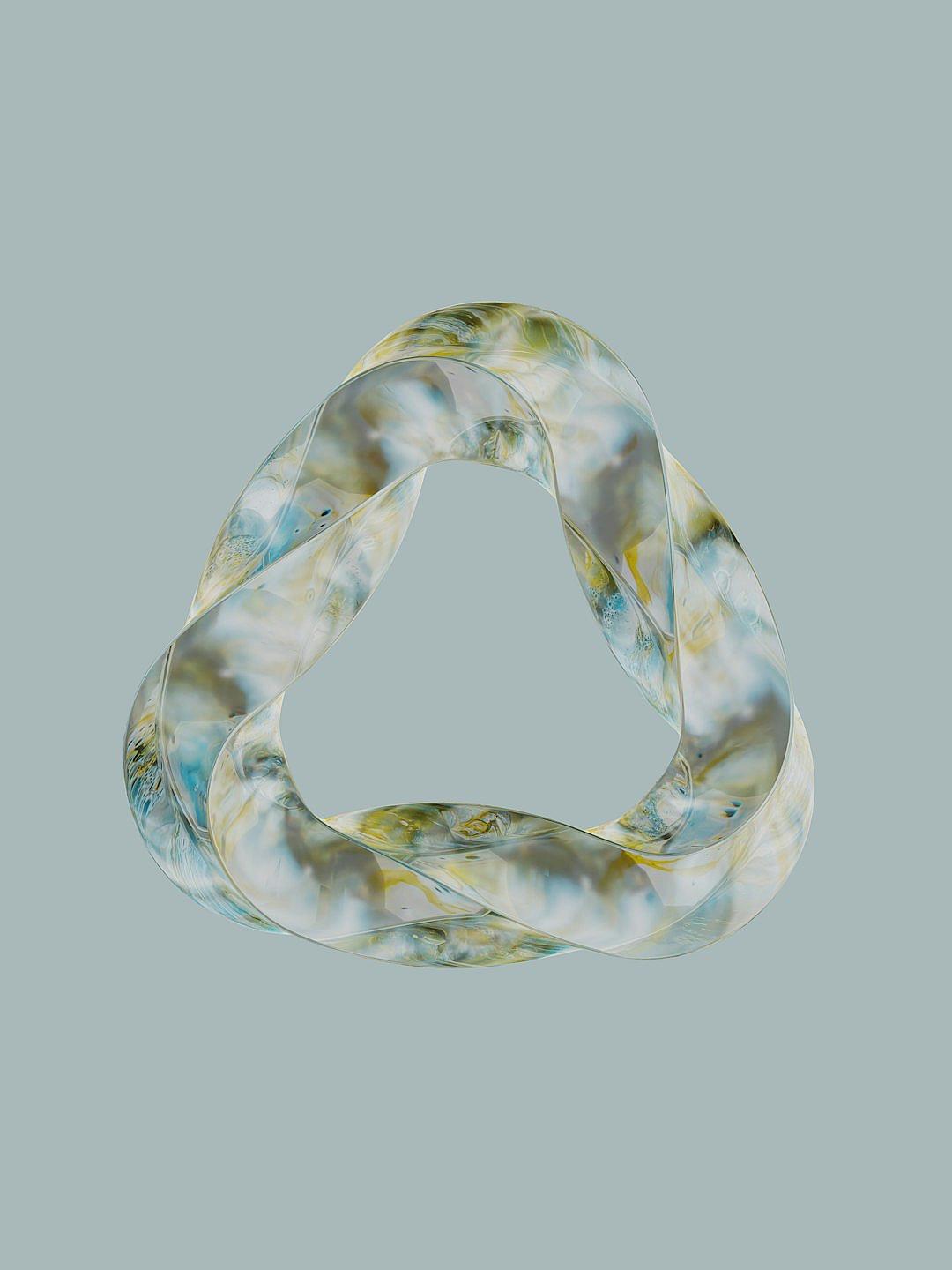 A digital rendering of an abstract, semitransparent triangular ring made from translucent materials with swirling patterns in shades of blue and green on the inside. The background is a plain light grey. There is no text or branding, just the minimalistic design. It has an elegant feel with soft lighting that highlights its unique textures and colors in the style of no particular artist.