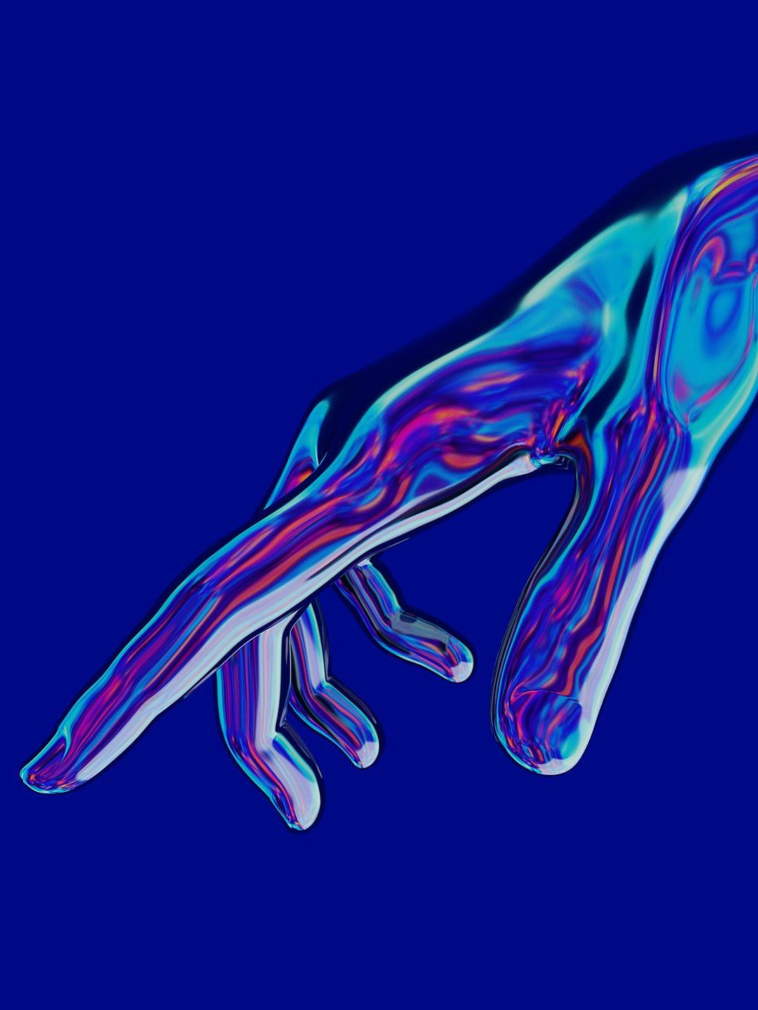 a hyper realistic digital illustration of an abstract hand reaching out, iridescent color gradient, blue background, minimalistic, by [Hajime Sorayama](https://goo.gl/search?artist%20Hajime%20Sorayama) and kooning style