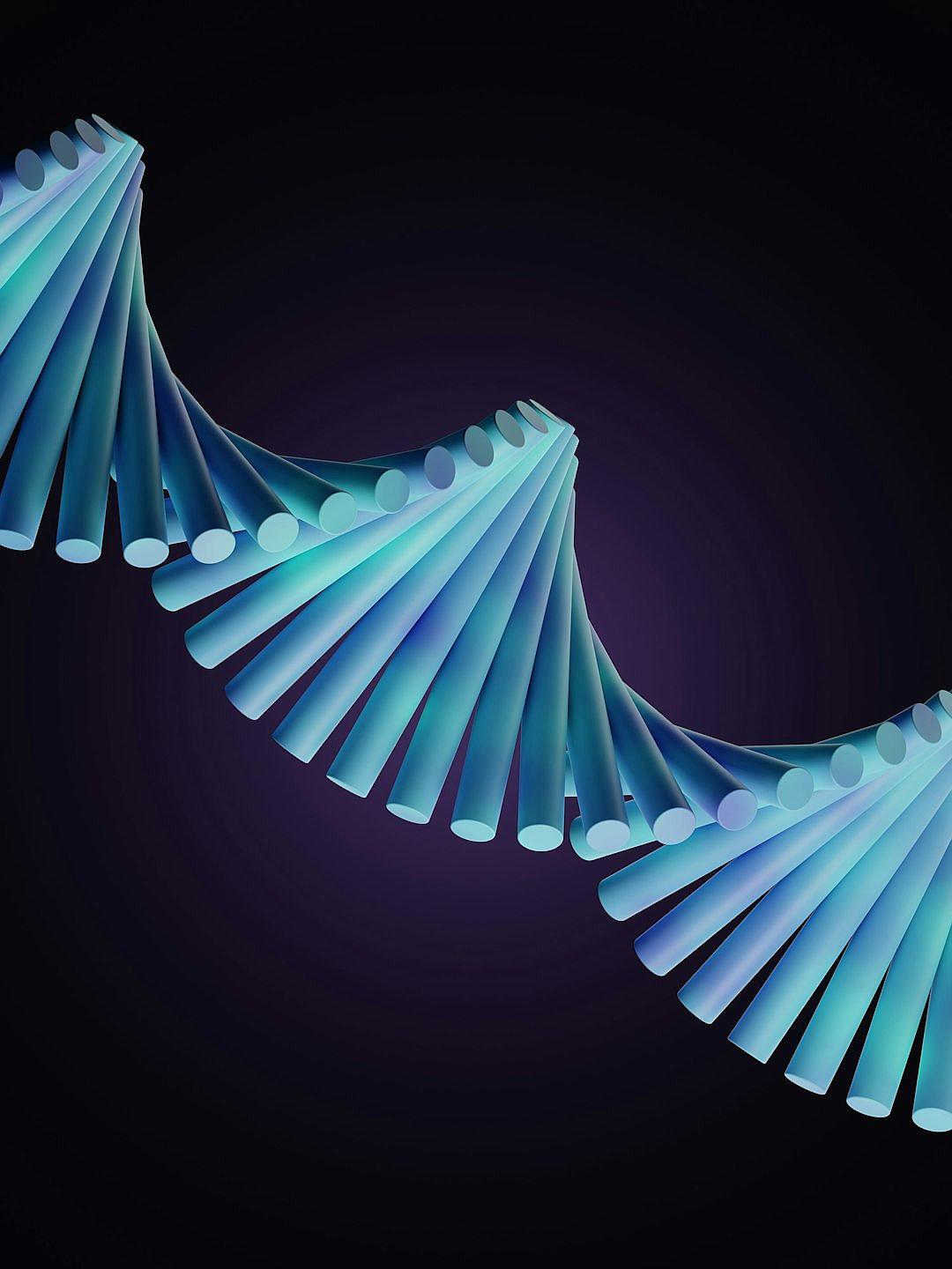 A DNA double helix made of blue and teal paper fans, in the style of vector illustration, in the style of 3d render, dark background.