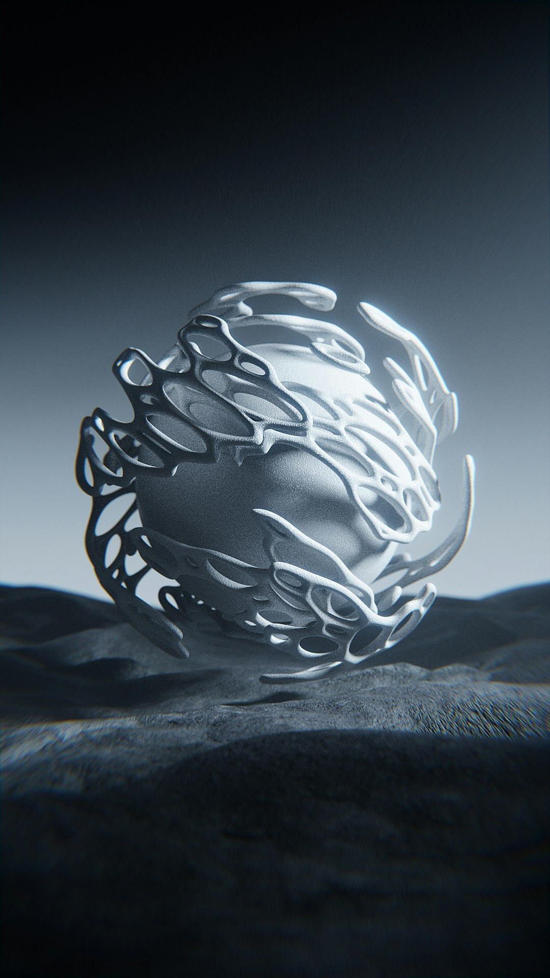 3D render of an abstract sphere with organic fractal patterns, rendered in the style of cinema4D, made from white plastic, floating on black sand on a dark background with volumetric lighting for a cinematic, moody effect.