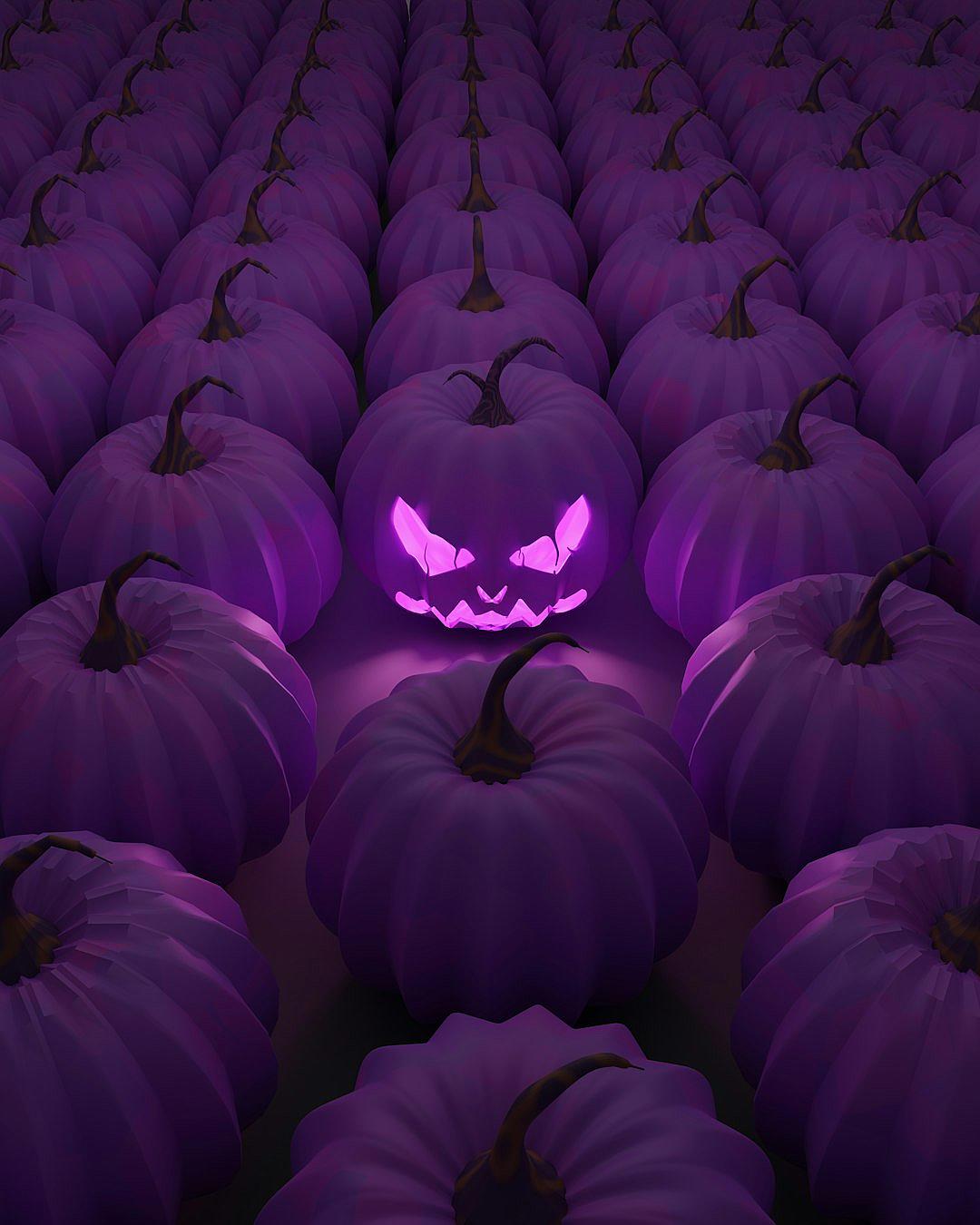 A lot of purple pumpkins with glowing jack o’ lantern faces in the middle, Halloween background, in the style of Haldy, in the cartoon style, 3D render, Octane render, dark violet color, symmetrical.