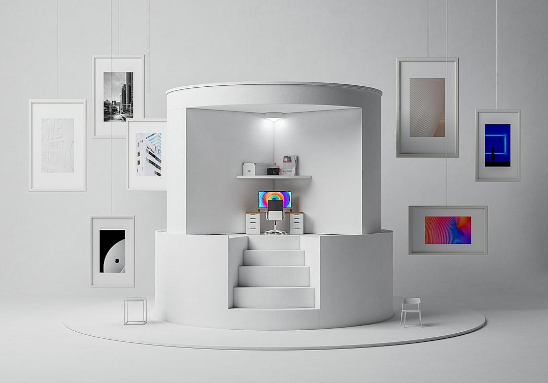 A round white booth with stairs leading up to it, the top of which is open and has a colorful display screen on one side. Framed art prints hang around in various sizes, depicted in the style of photorealism, hyperrealism, rendered using Octane, 3D rendering, featuring studio lighting, on a neutral background, with a minimalistic design.