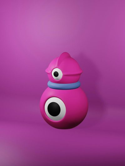 3D render of a cute magenta creature with one blue eye and two white eyes, using simple shapes and a simple design on a purple background. The minimalistic design uses simple shapes.