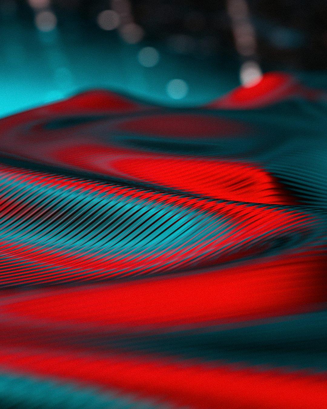 Red and teal wavy lines on fabric, macro photography with a bokeh effect and dark background with a blurry foreground, cool tones with dynamic lighting and high contrast, red accent color with sharp focus on the detailed texture of the material and its vibrant colors, for a stylish and modern look in the style of hyperrealistic artists.