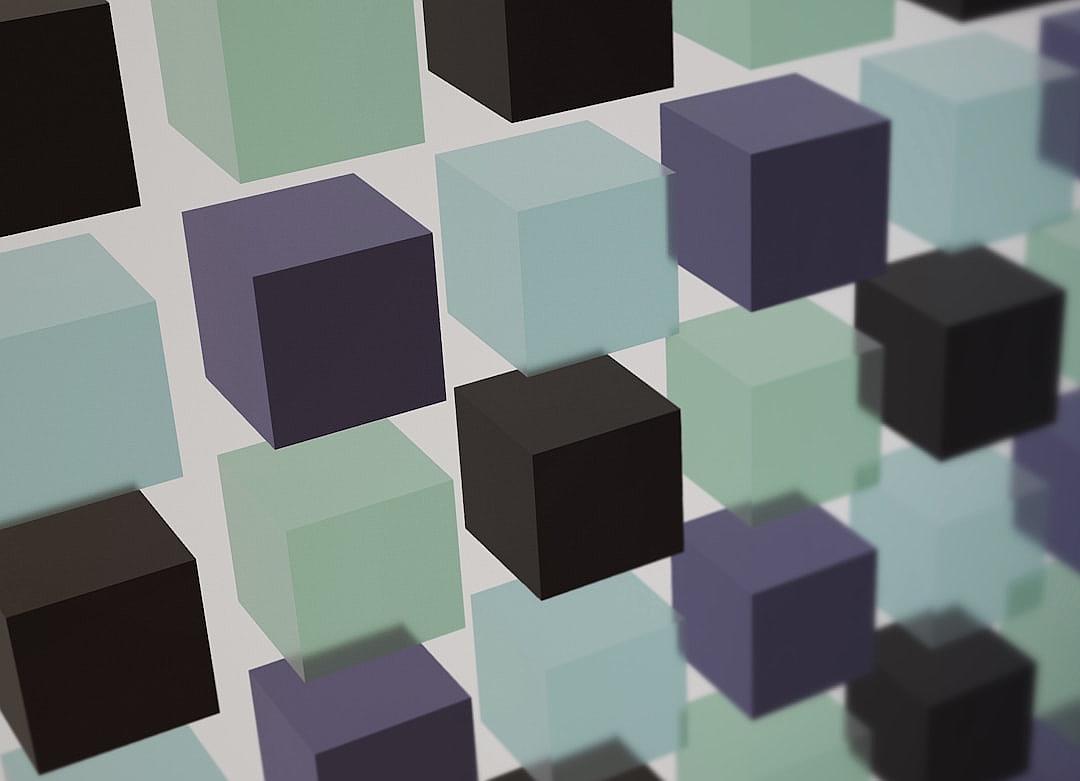 A grid of cubes in shades of black, mint green and lavender, arranged on an abstract background. The focus is on the contrast between light grey background and dark shapes, creating a sense of depth. This design symbolizes data visualization or digital minimalism, with a futuristic feel. The composition adds to its use as graphic art for web pages or marketing materials.