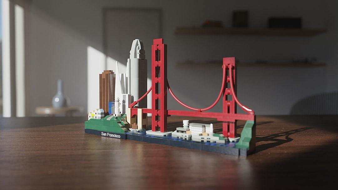 Lego set of San Francisco, Golden Gate Bridge and city skyline, on table, natural light, hyper realistic, shot with Sony Alpha A7 III, shot in the style of [William Eggleston](https://goo.gl/search?artist%20William%20Eggleston)