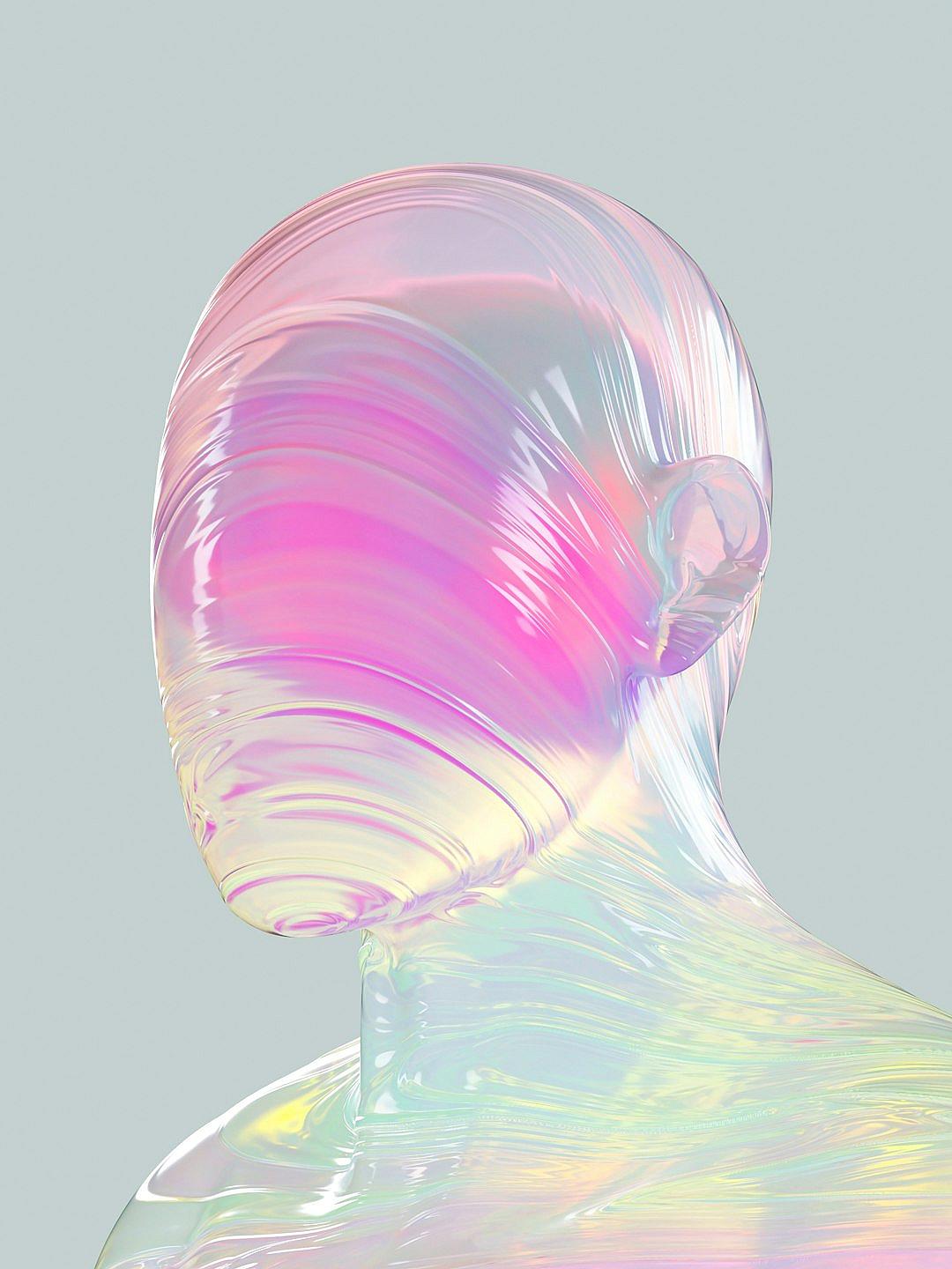 A translucent holographic humanoid figure with iridescent skin is seen from the back in profile against an abstract background. The character’s head is made of glass and their neck looks like liquid metal, creating a surreal effect. Soft pastel colors are used in the style of digital art with a minimalistic design focused on smooth textures and reflections. It is high resolution.