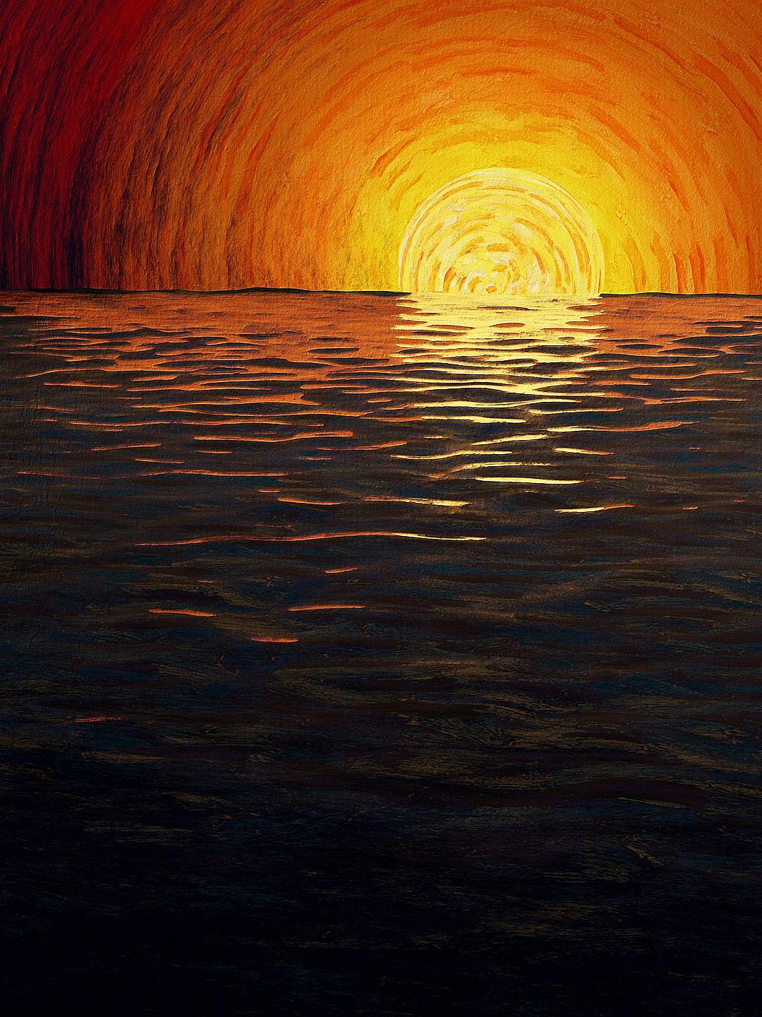 Sunset over the sea, oil painting, simple strokes and lines, orange and yellow tones, golden sun on the water surface, high contrast, deep black background, symmetrical composition, minimalist style, wide-angle lens, soft lighting, warm colors, calm atmosphere. in the style of minimalist.