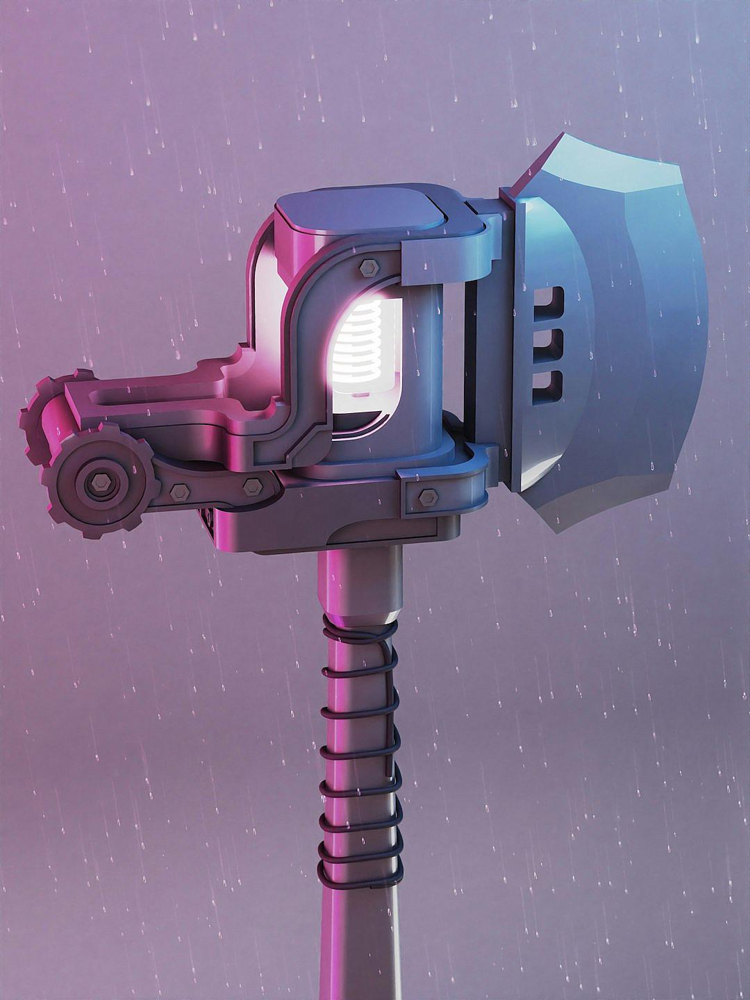 3D cartoon style video game asset of a glowing blue and pink big hammer with a metal head. It has two tiny lights on the top of its helmet and is attached to a long grey pole that blends into a purple background.