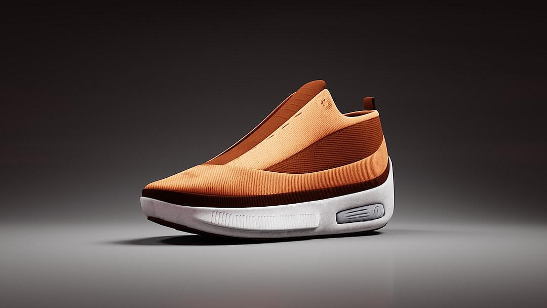 A concept shoe design of the Nike ACG leather and fabric slip on sneaker, brown and tan colors with white sole. The style is hyperrealistic.