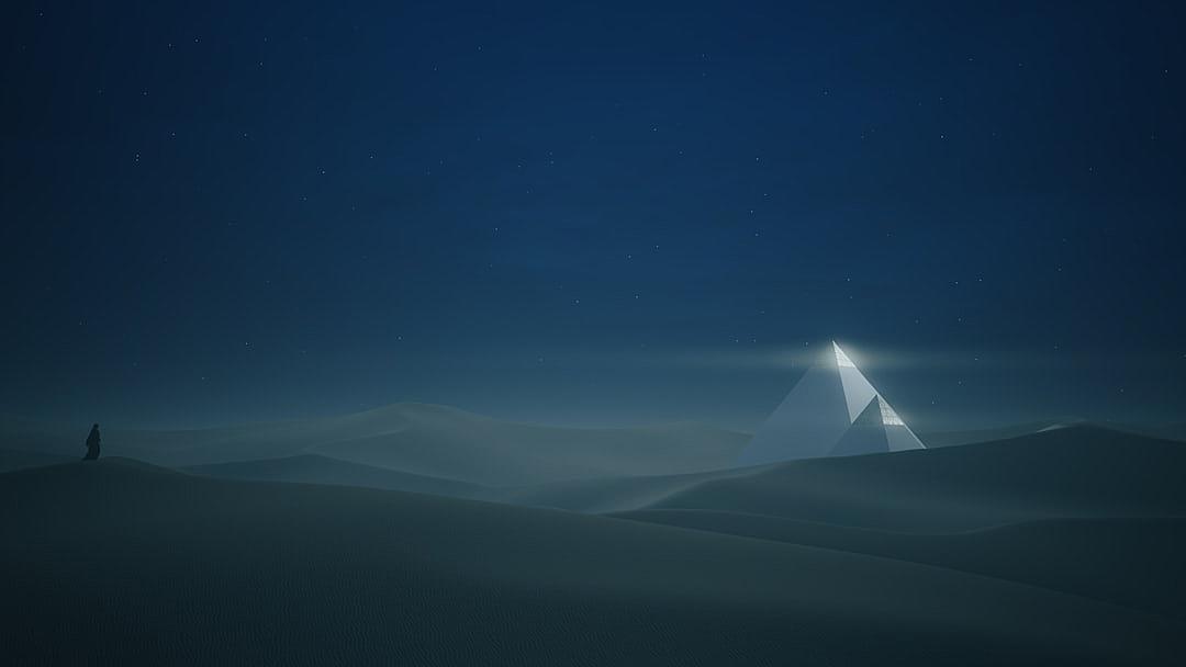 A small glowing white pyramid floating above the dunes of an empty desert at night, a lone figure stands nearby in the style of unreal engine.