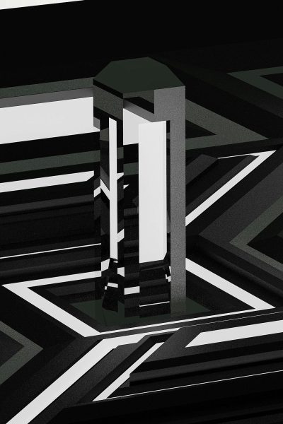 Black and white abstract geometric design with a black background featuring a black letter "I" in the center of the composition. 3D rendered with a minimalistic, high contrast and symmetrical style in the manner of Art Deco cinema.