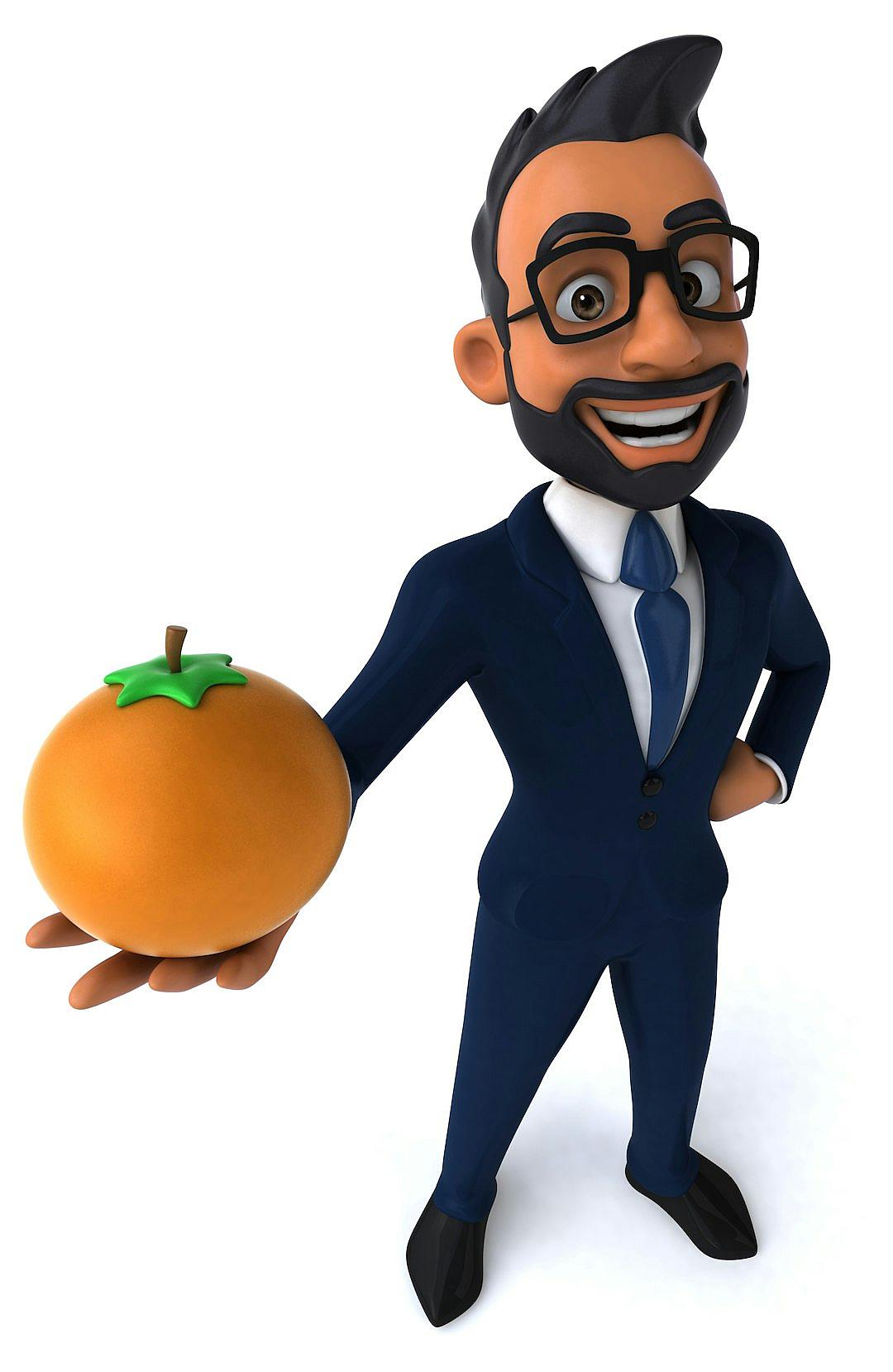 3D cartoon, happy young handsome businessman holding an orange fruit in his hand, white background, in the style of Pixar style animation character design