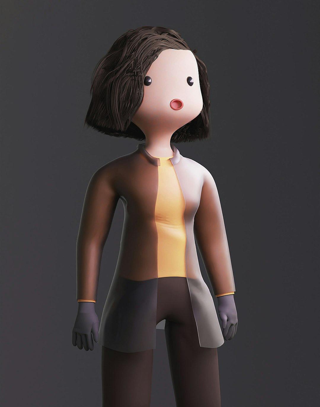 3D avatar of a woman, with short hair and a brown blouse with yellow details on the chest, in a full body shot, against a plain dark grey background, in a cute cartoonish design.