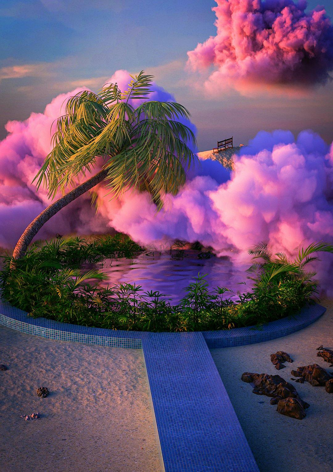 a tropical island with palm trees and water, surrounded by clouds, a small bridge on the beach, a round pool in front of it, a large area of sand next to it, purple pink sky, pink blue sea, ultra realistic photography, super resolution, high definition, ultra detailed photography, colorful clouds floating above the ground, cloud punk style