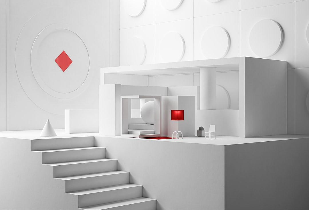 A white room with rounded walls, in the center of which is an open box with two open sides, inside it there is furniture and decor. The interior has a red accent color, a staircase leading up to one side of the space, a logo made from three-dimensional simple shapes above. All elements of the scene should be created using only geometric figures in the style of minimalism.