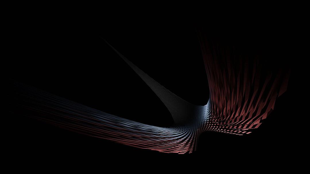 A dark background with an abstract and dynamic design featuring an elegant Nike swoosh made of interwoven lines, symbolizing movement and energy in the style of [Zaha Hadid](https://goo.gl/search?artist%20Zaha%20Hadid). The symmetrical composition, with each line rendered to give depth and texture against black, creates visual harmony and balance. This artistic rendering adds depth and vibrancy to your digital art piece.