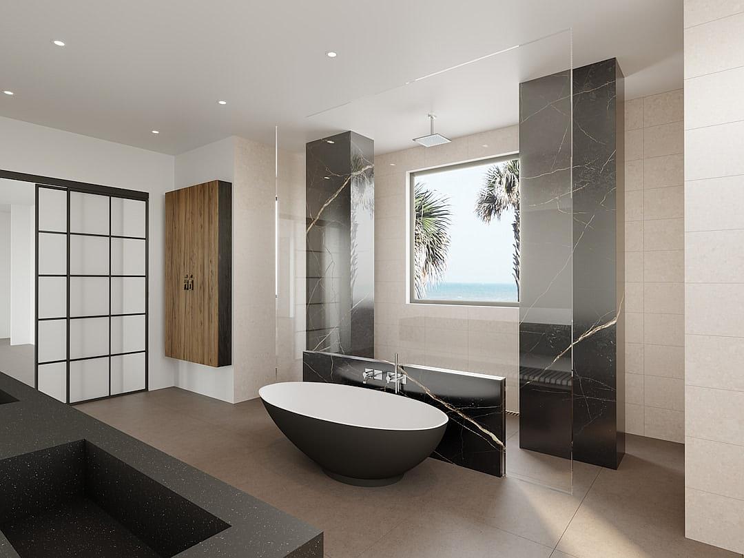 A modern bathroom with an oval freestanding bathtub, large windows overlooking the ocean, black marble accents on one wall and wooden cabinets on another, all in neutral tones. The spacious space has natural light from outside. A high resolution rendering of the interior design with attention to detail.