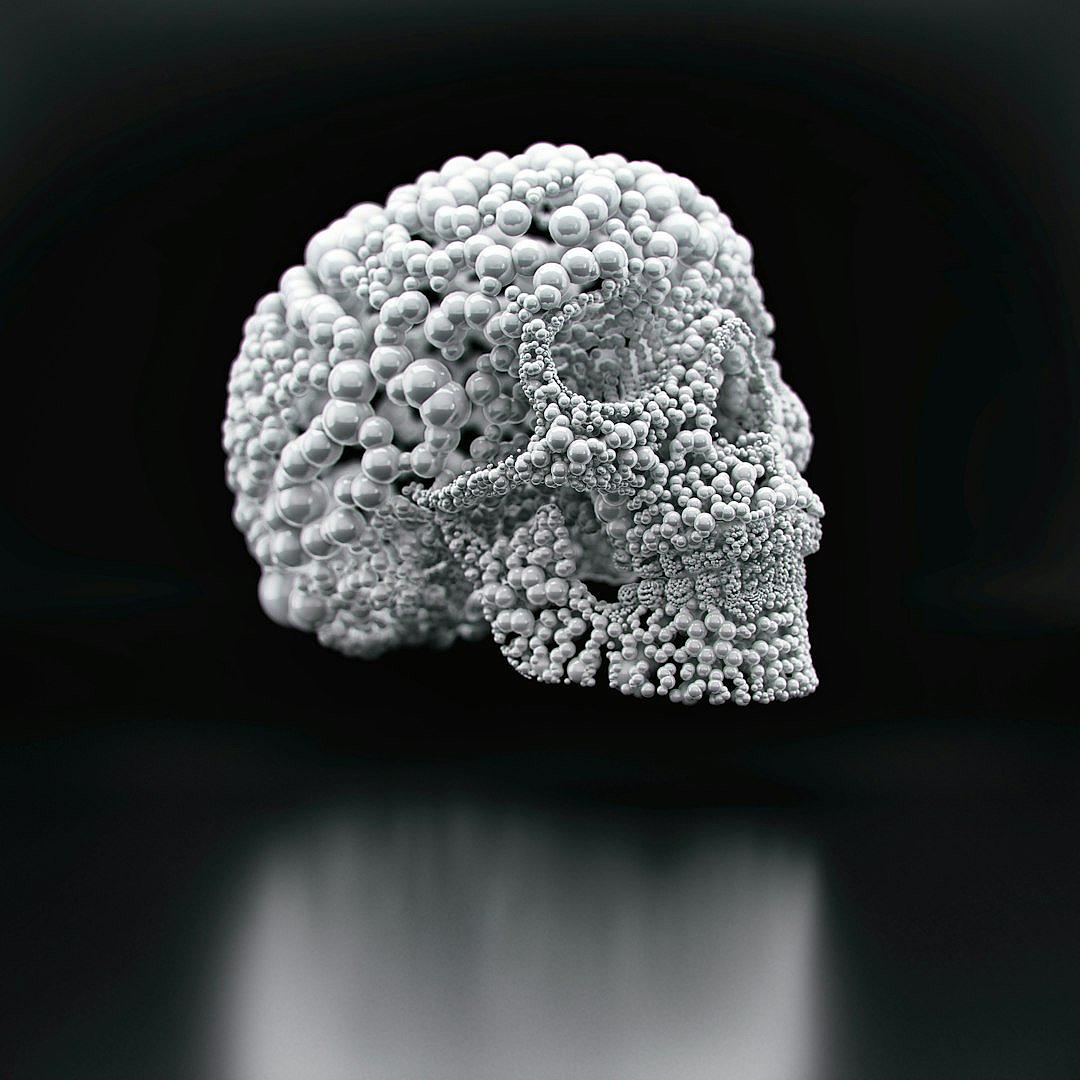 A skull made of thousands of tiny balls, all white in color, on a black background, in a hyper realistic photographic style.