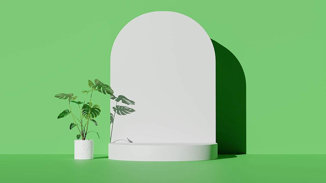 3D product stage, podium, minimalist, single arch in the middle, green background, one plant on left side only, soft lighting.