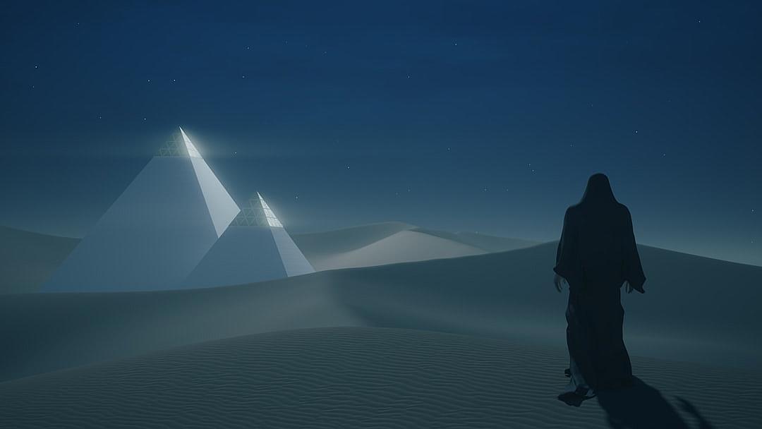 In the desert at night, there is an ancient white pyramid in front. A silhouette figure wearing black stands on top and looks up into space. In the sky above him were three glowing pyramids floating like stars. With an Unreal Engine rendering style, a light gray color scheme, and a mysterious atmosphere, the perspective composition, telephoto lens, backlighting effect, and tranquility create a scene in the style of surrealism.