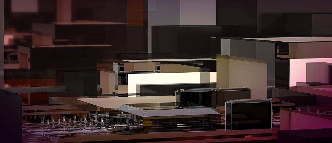 A conceptual digital art piece featuring an architectural model of the artist’s home, rendered in the style of lowpoly with dark tones and soft lighting. The focus is on the geometric shapes that make up its exterior design, with a color palette dominated by black, white, grey, pink, purple, and brown hues. This abstract representation captures elements like windows, doors, roof tiles, concrete walls, steel frames, glass panels, creating a visually striking experience.