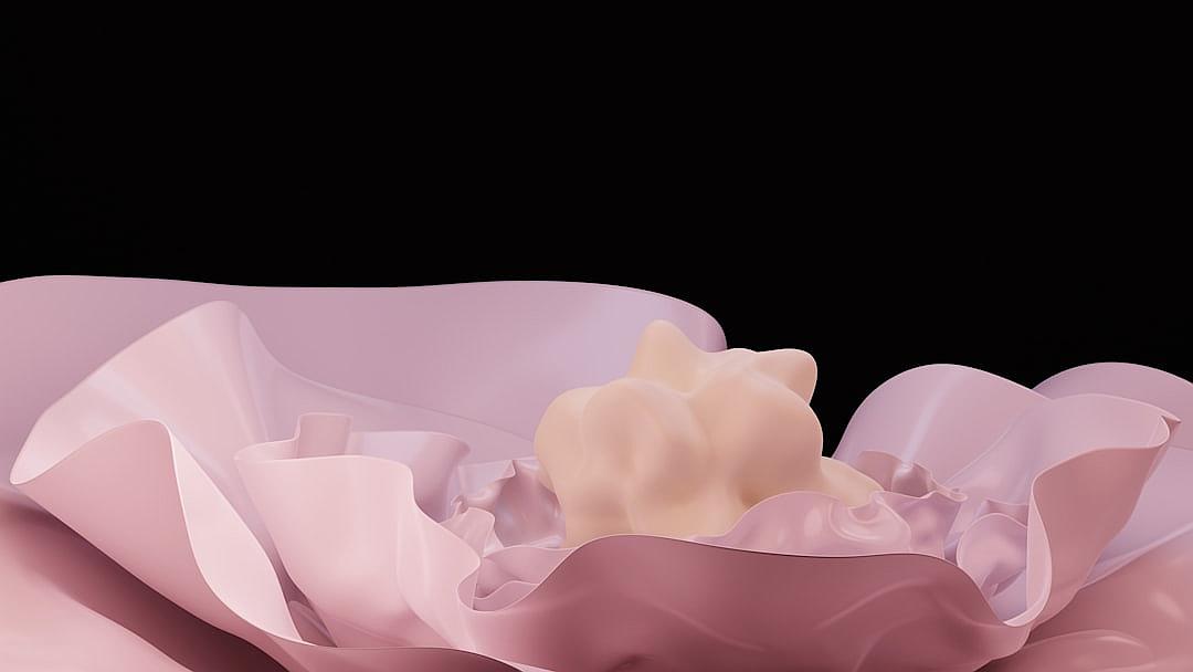 A large, pink gummy bear is nestled inside the petals of an oversized flower with soft ruffles. The background should be plain black to highlight the pastel hues and sculptural details of both objects. It’s a simple yet elegant composition that evokes a sense of luxury or romance. The lighting would create gentle shadows on the object’s surface, adding depth while maintaining focus on its form and coloration.