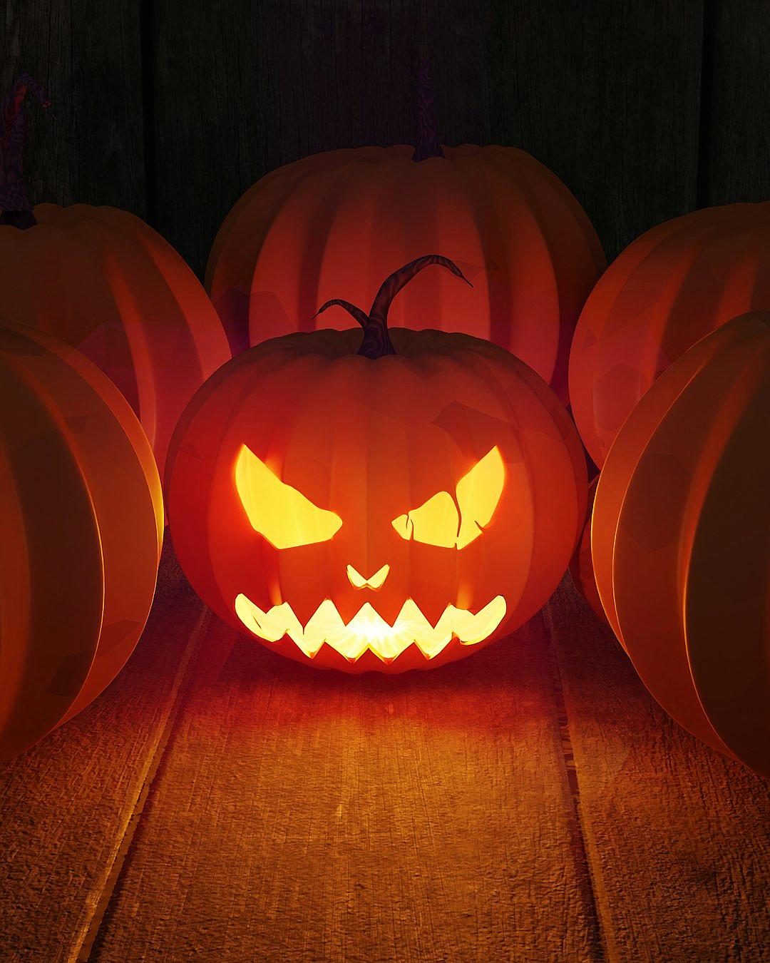 A carved pumpkin with an angry expression is lit up, surrounded by four more pumpkins on two sides of it. The background features wooden slats illuminated in orange light, creating a spooky atmosphere for Halloween. In the center there is an open space to place text or images. This scene creates a mysterious vibe that adds depth and texture to your design project. This is a high resolution 3D rendering in the style of a realistic photograph, created using C4d and Octane Render.