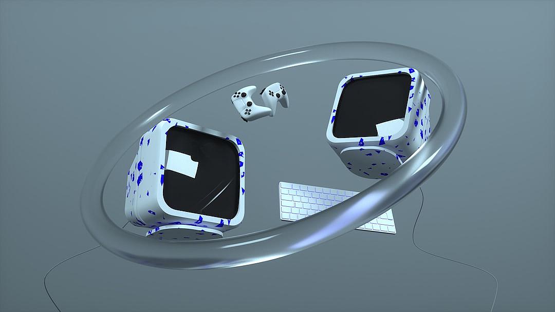 3D render of two computers and one game controller floating in the air, with a white background and blue dots on their bodies, creating an illusion that they float inside a circular glass ring. The computer is positioned at left, while another set lies to its right. A keyboard sits between them. All three objects have smooth surfaces with visible edges, giving off a futuristic vibe.